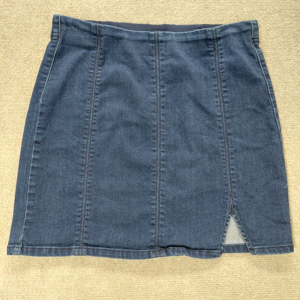 Free People Denim A-Line Mini Skirt Blue Panel Cotton Slit Size SMALL